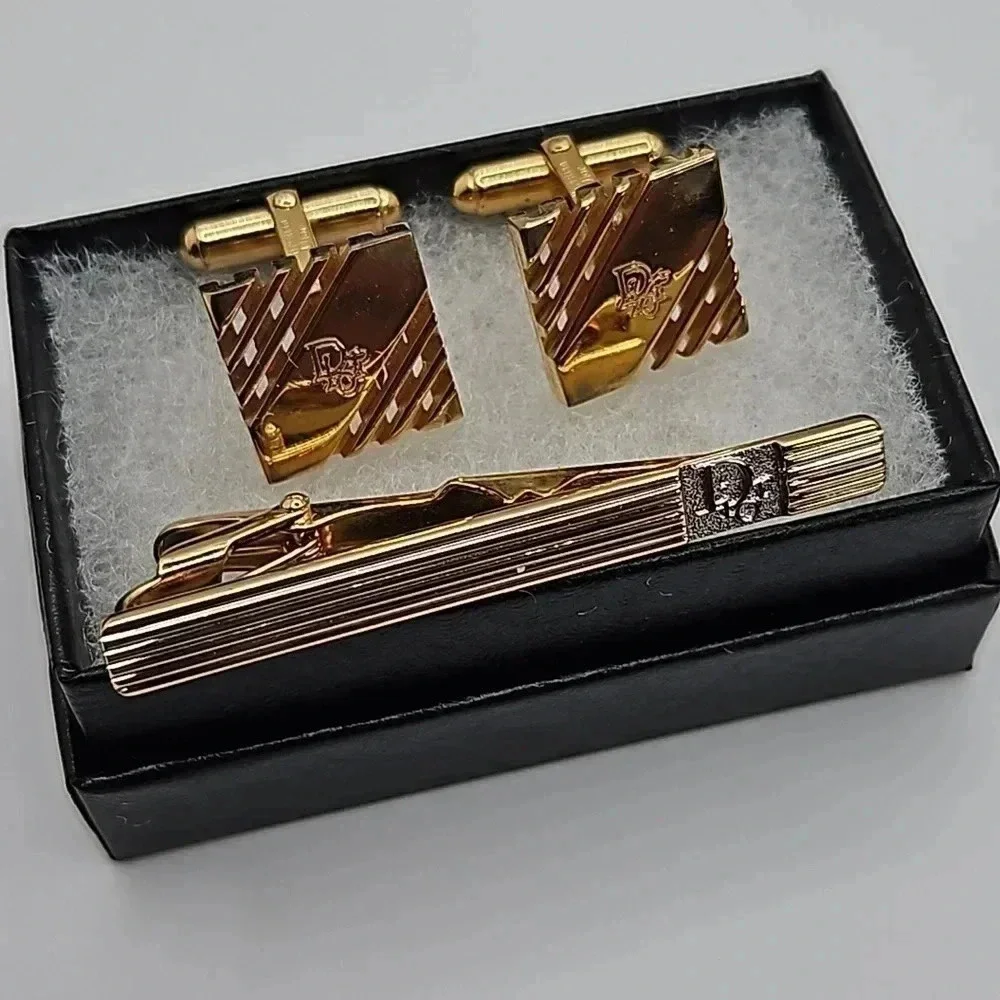 Christian Dior Bullet Back Oblique Logo Gold Tone Cufflinks and Tie bar